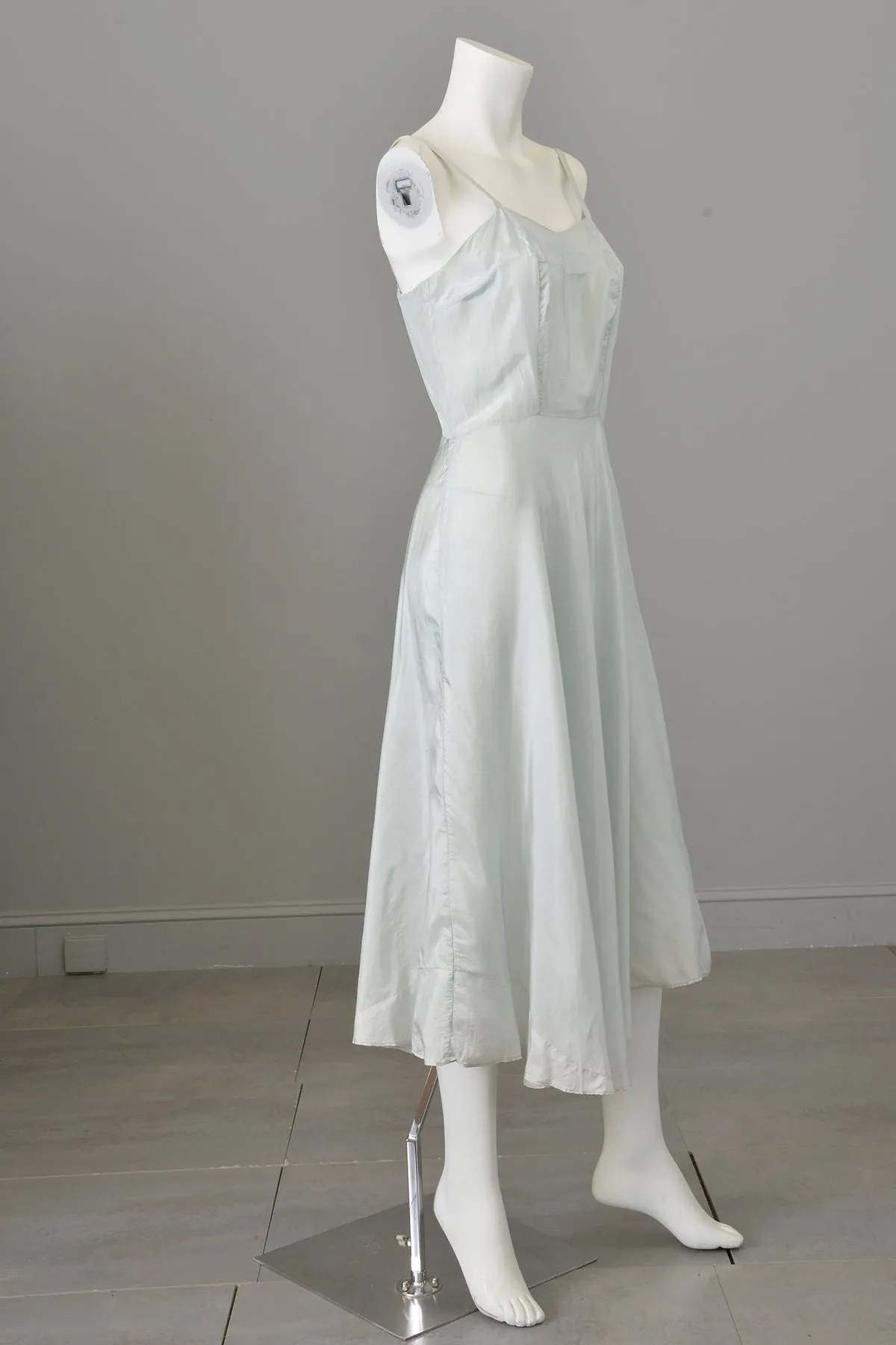 1940s Pale Blue Medallion   Bow Print Puff Sleeve Semi-Sheer Dress and Slip