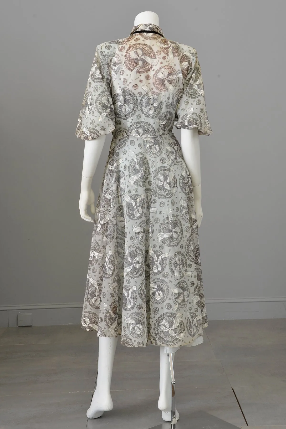 1940s Pale Blue Medallion   Bow Print Puff Sleeve Semi-Sheer Dress and Slip