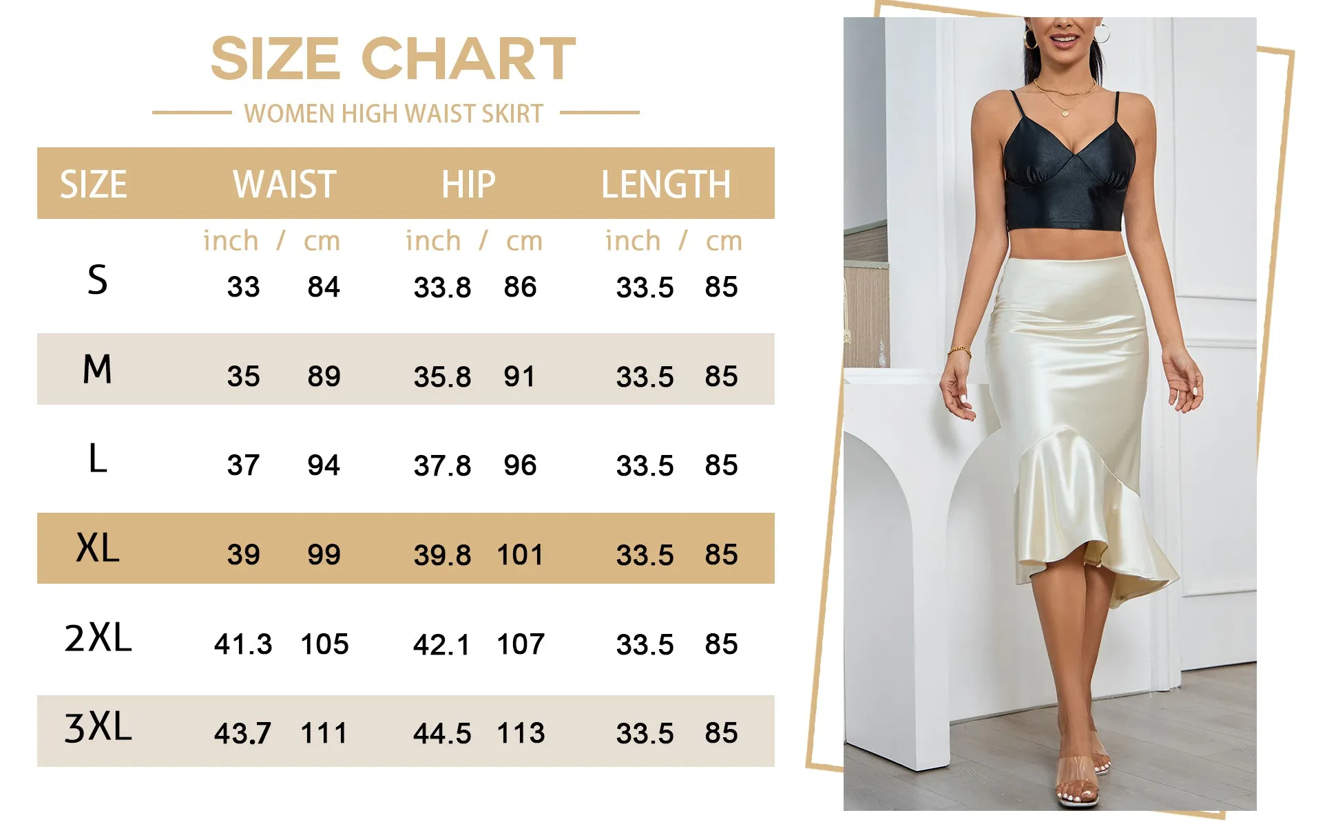 ALCEA ROSEA Women High Waist Satin Skirt Fishtail Silky Skirts Bodycon Stretchy Mermaid Pencil Midi Skirt Champagne