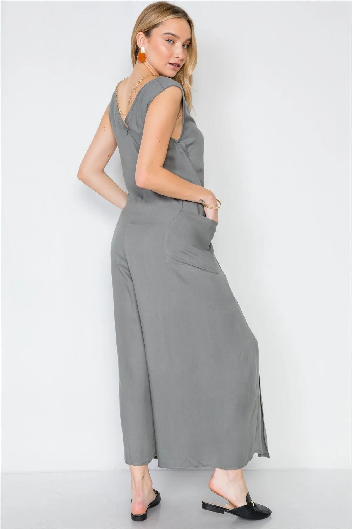 Ash Olive Side Slits Loose Fit Front-Tie Jumpsuit