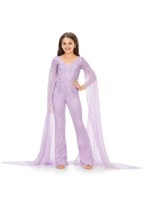 Ashley Lauren Kids 8162 Size 14 Lilac Lace Girls Jumpsuit Formal Fun Fashion V Neck Chiffon