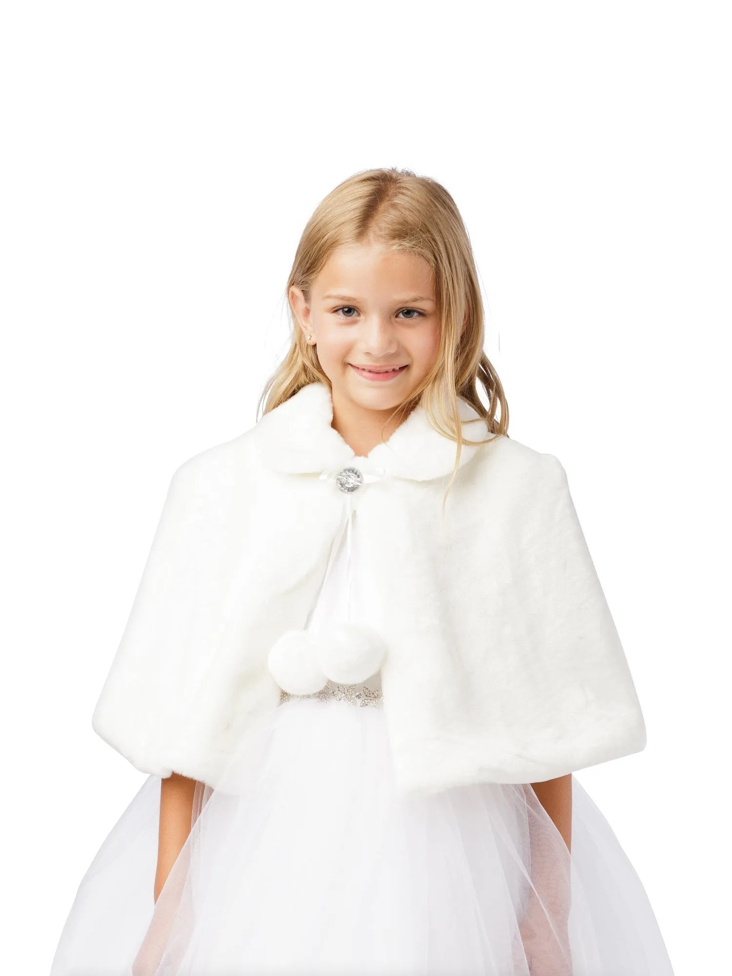 Baby Girls White Plush Fur Glitter Single Button Closure Elegant Cape 6-24M