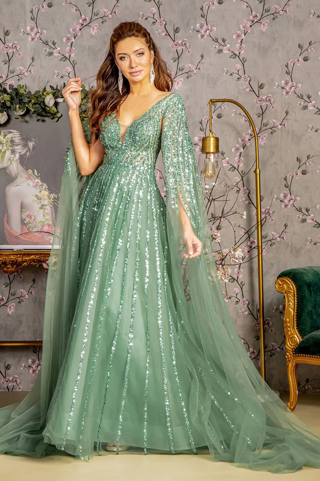 Bead Sequin Mesh A-line Long Dress Side Cape Long Sleeves GLGL3494