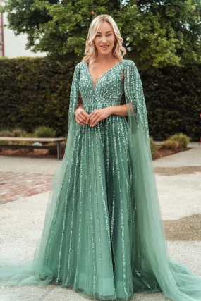 Bead Sequin Mesh A-line Long Dress Side Cape Long Sleeves GLGL3494