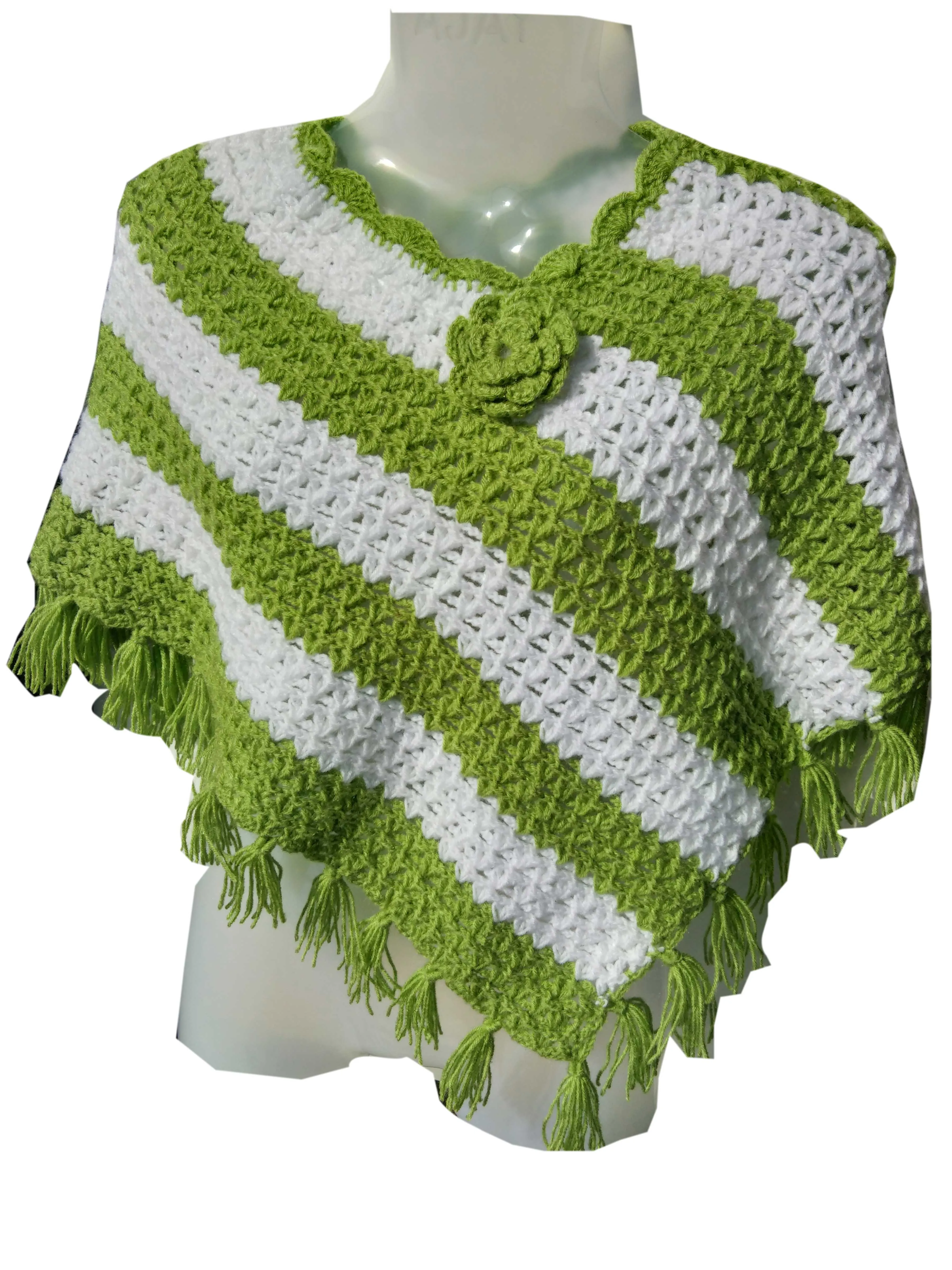 Beautiful White & Moss Woolen Color Crochet Desing Poncho - Girls (12 - 15 yrs.)