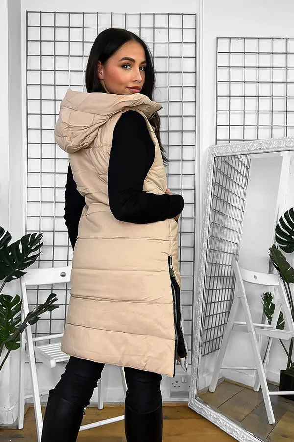 BEIGE HOODED ZIPPED SIDES LONG GILET