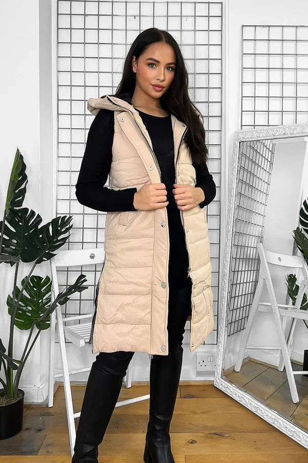 BEIGE HOODED ZIPPED SIDES LONG GILET