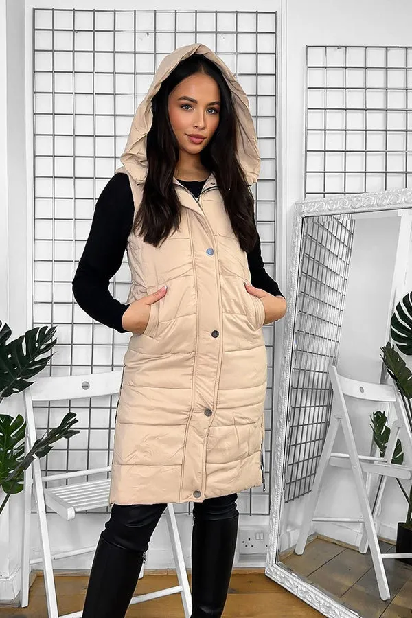 BEIGE HOODED ZIPPED SIDES LONG GILET