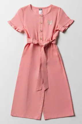 Belted Jumpsuit With Frill Sleeve Peach