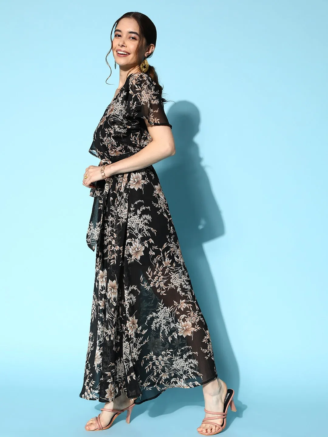 Berrylush Women Black & White Floral Printed V-Neck Waist Tie-Up Crepe Thigh-High Slit Maxi Dress