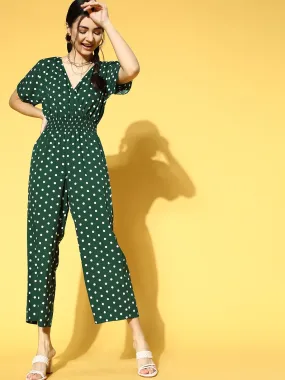 Berrylush Women Green and White Polka Dot Printed V-Neck Side Pocket Wrap Culotte Jumpsuit