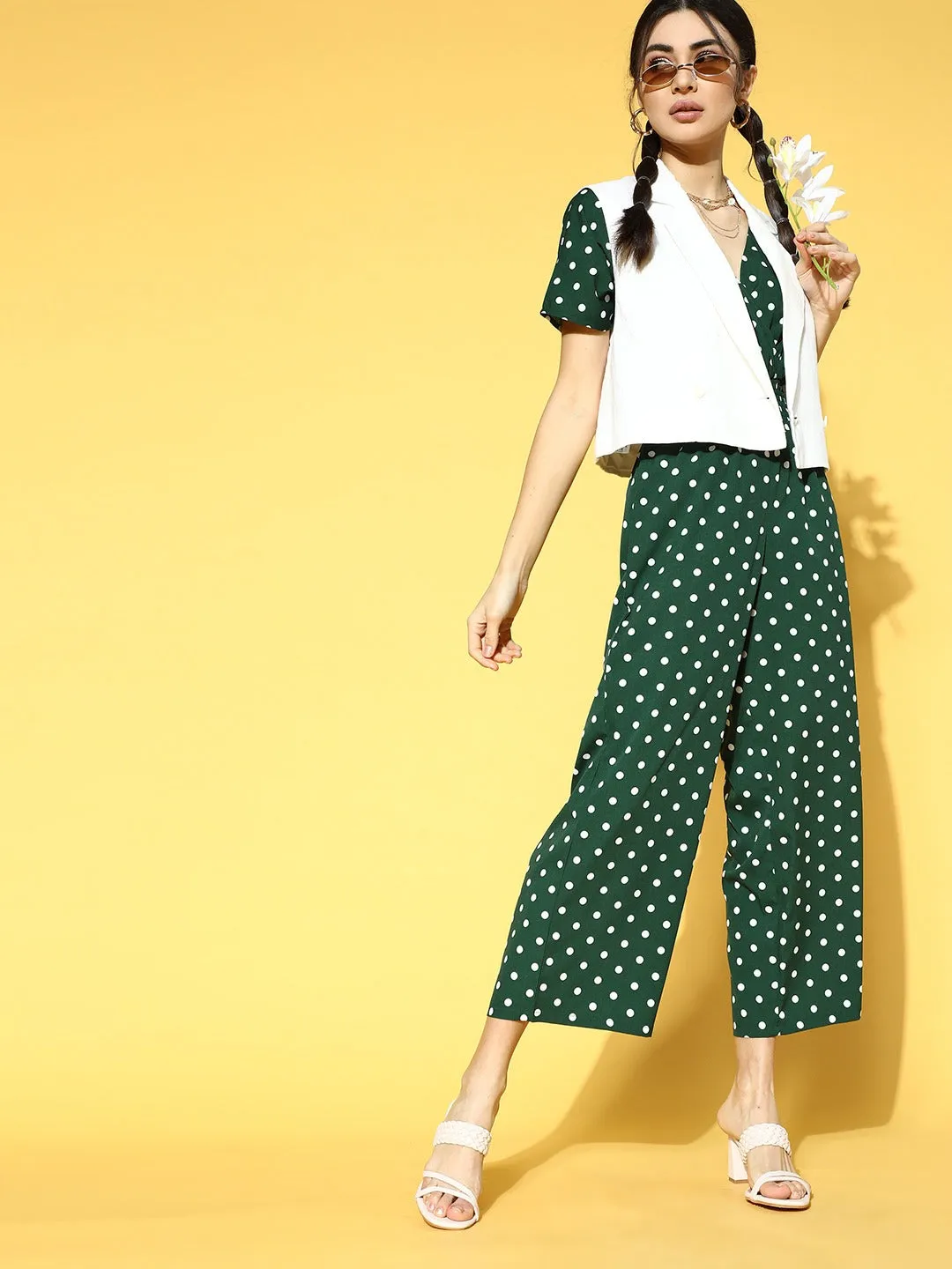 Berrylush Women Green and White Polka Dot Printed V-Neck Side Pocket Wrap Culotte Jumpsuit