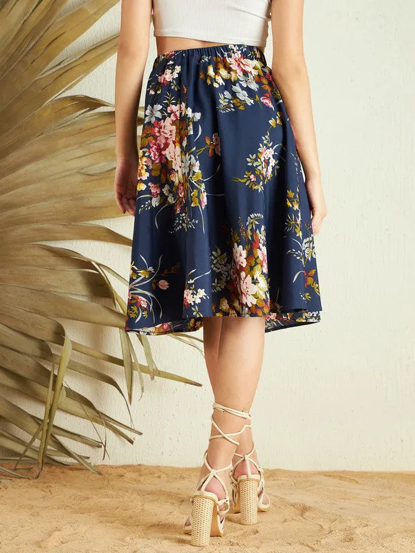 Berrylush Women Navy Blue Floral Printed High-Rise Elastic Waist Slip-On Straight Hem A-Line Midi Skirt