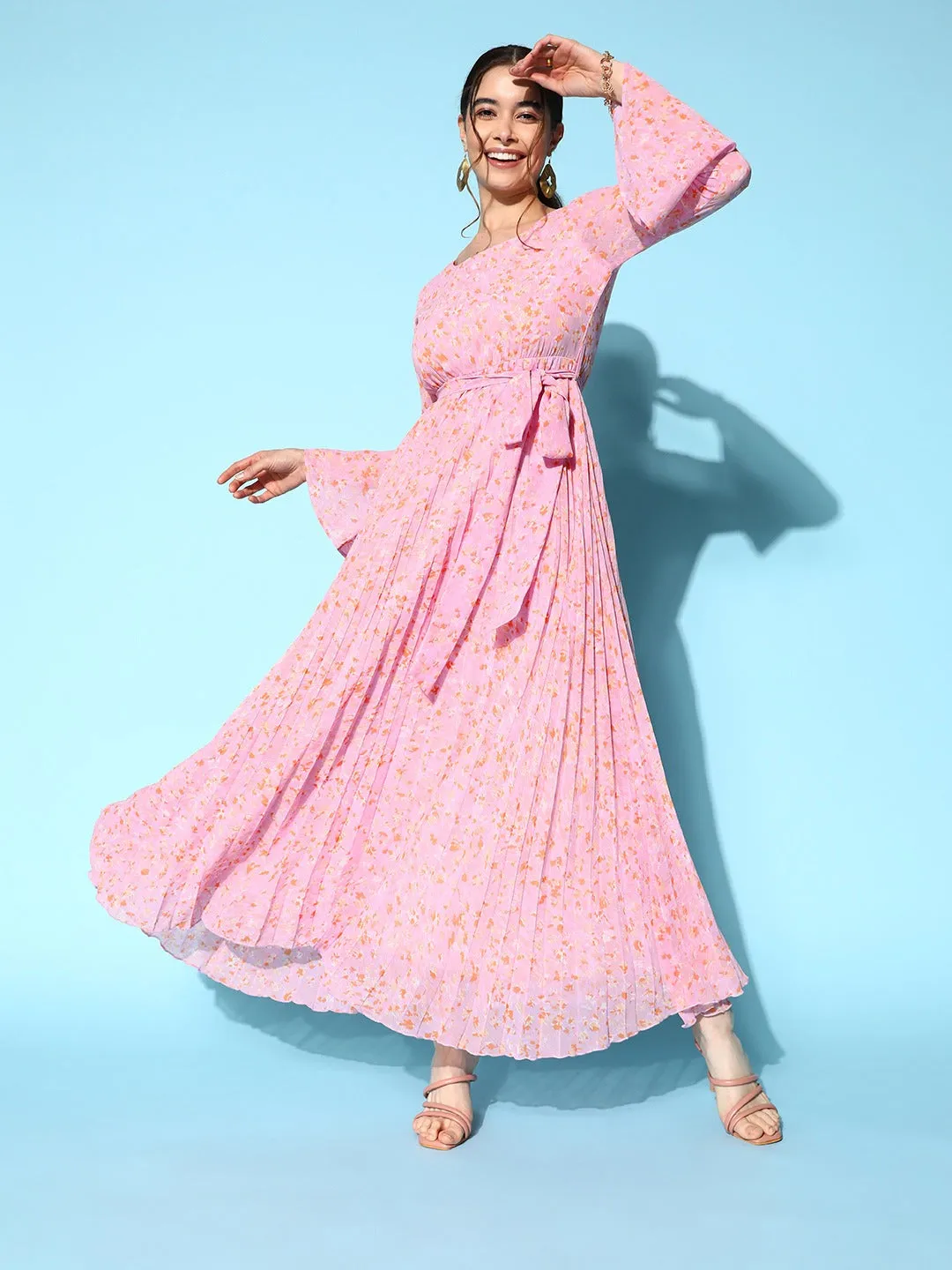 Berrylush Women Pink Floral Printed Self Tie Pleated Bell Sleeves Georgette Maxi Dress