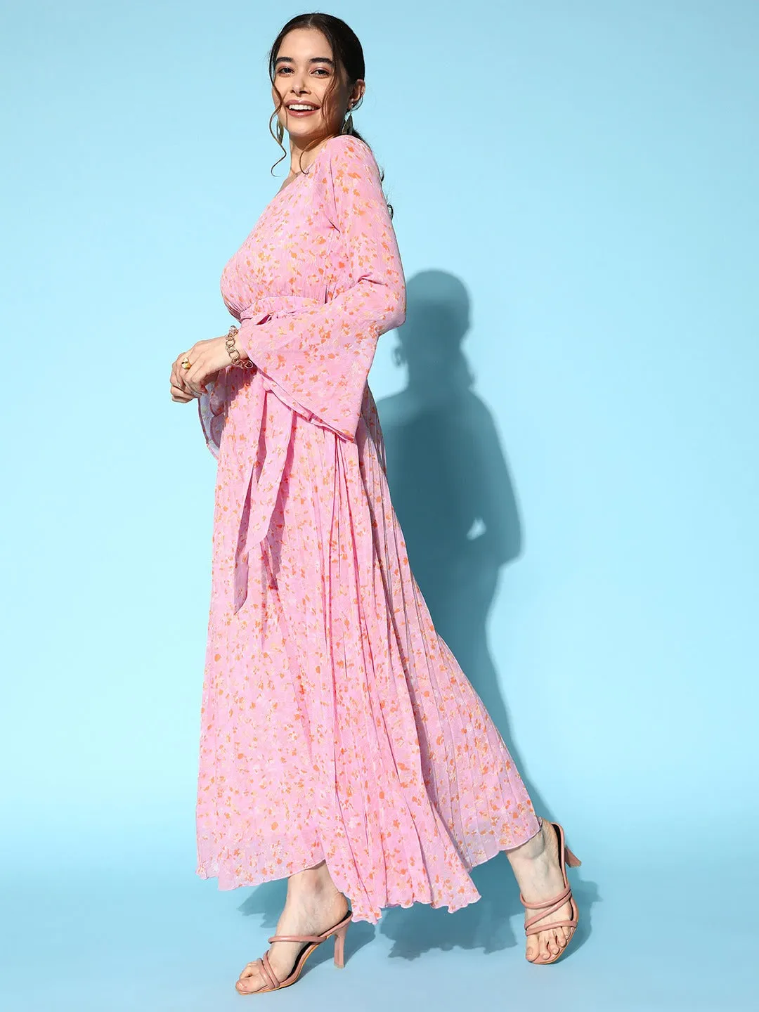 Berrylush Women Pink Floral Printed Self Tie Pleated Bell Sleeves Georgette Maxi Dress