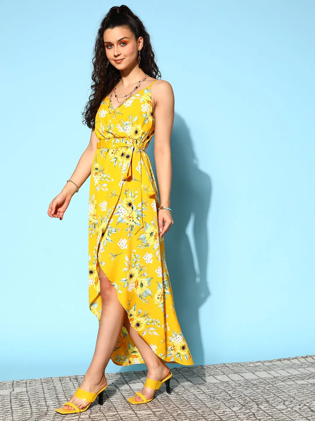 Berrylush Women Yellow & White Floral Printed V-Neck Waist Tie-Up Crepe Tulip Hem Maxi Dress