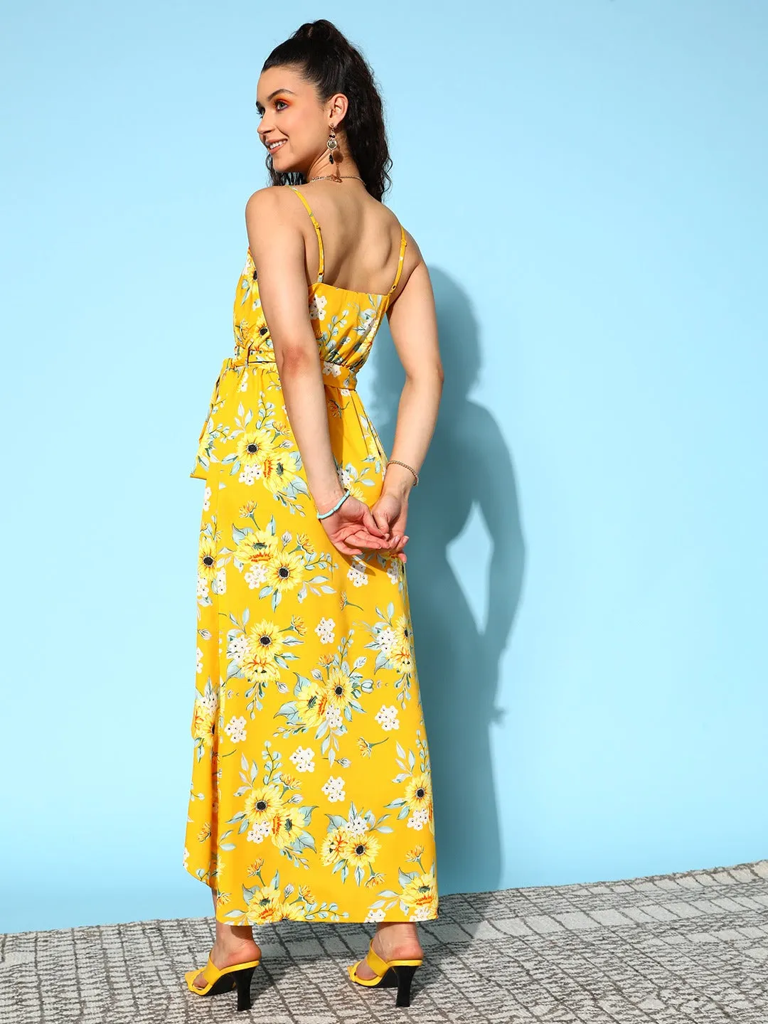 Berrylush Women Yellow & White Floral Printed V-Neck Waist Tie-Up Crepe Tulip Hem Maxi Dress