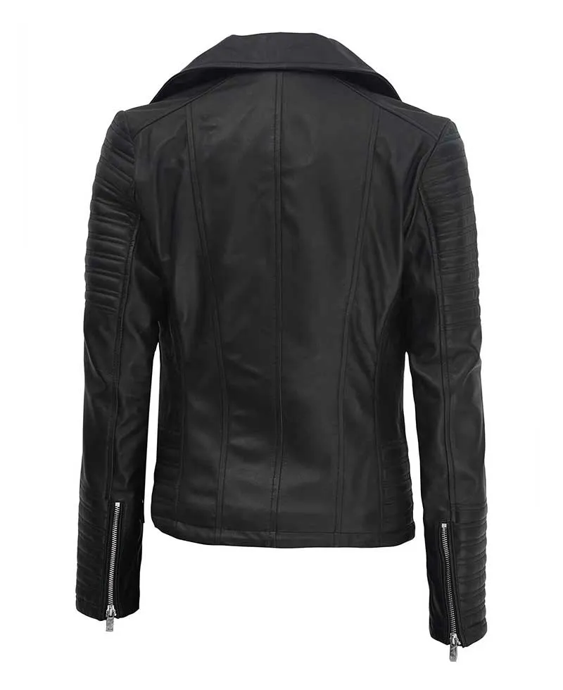 Black Asymmetrical Biker Leather Jacket Women