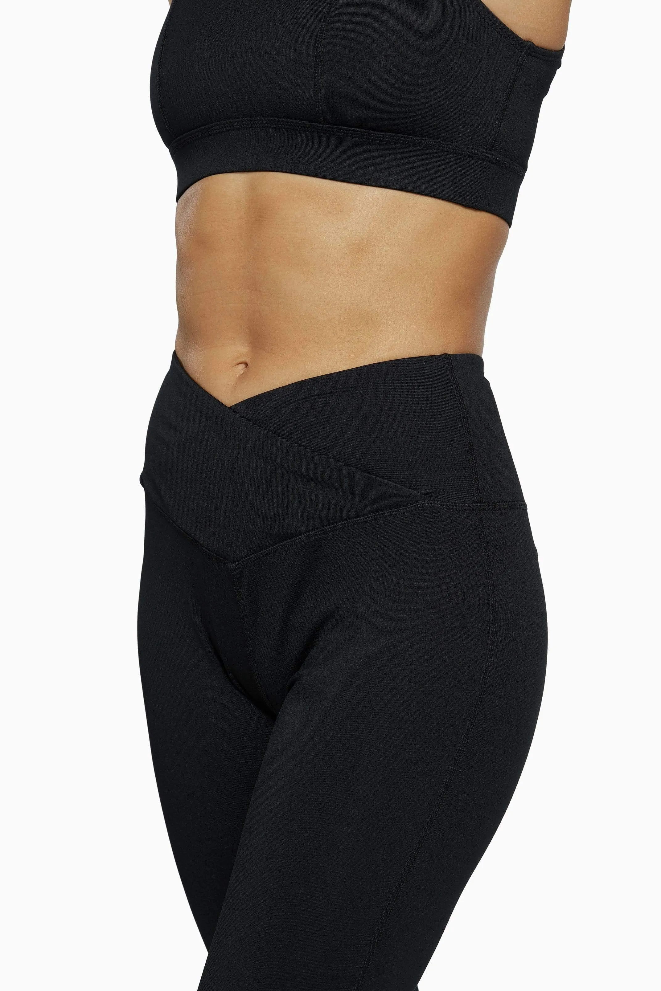 Black Cropped Leggings with Crossover Waistband