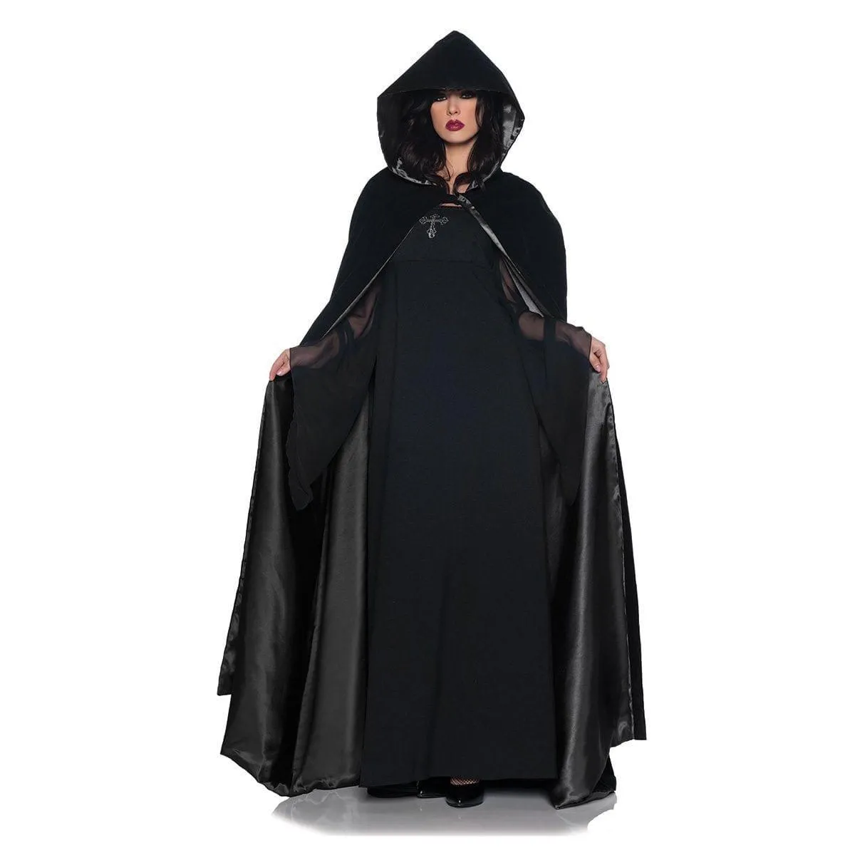 Black deluxe satin & velvet cape for adults