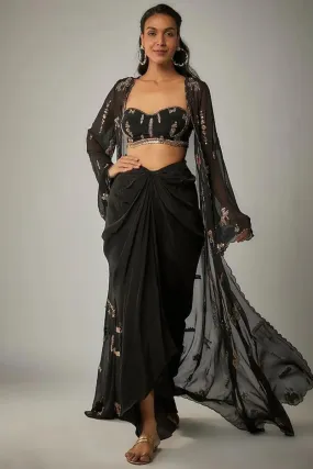 Black Drape Skirt And Embroidered Cape Set