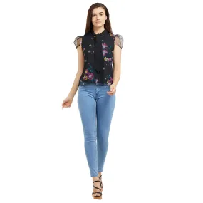 Black Floral Top with Tie-up Neck