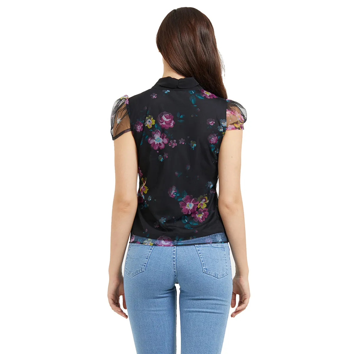 Black Floral Top with Tie-up Neck