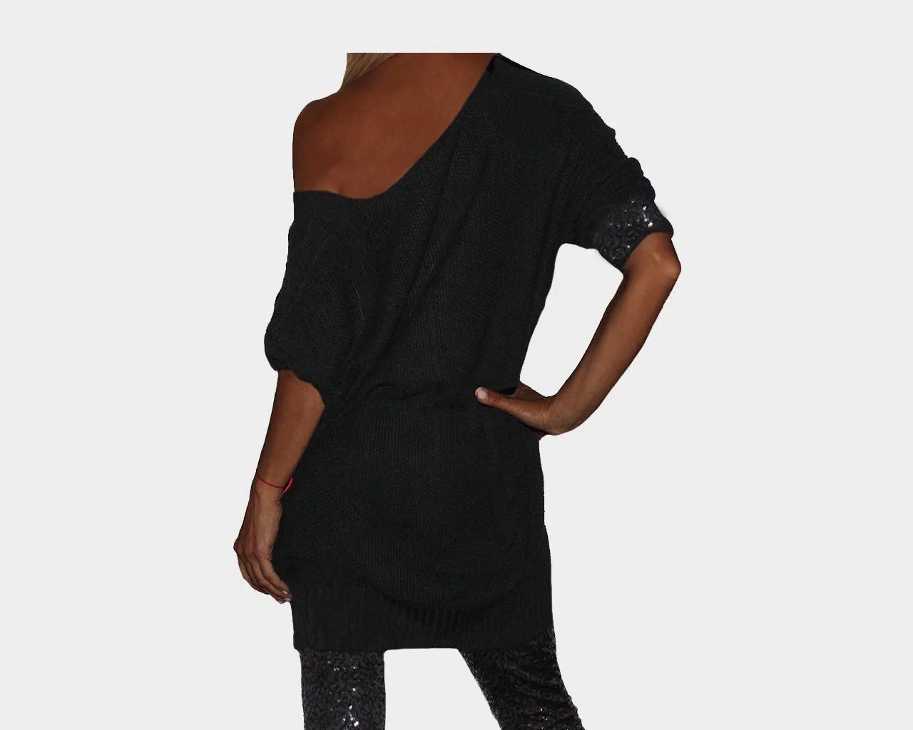 Black off shoulder sequins sleeves sweater top - The Manhattan