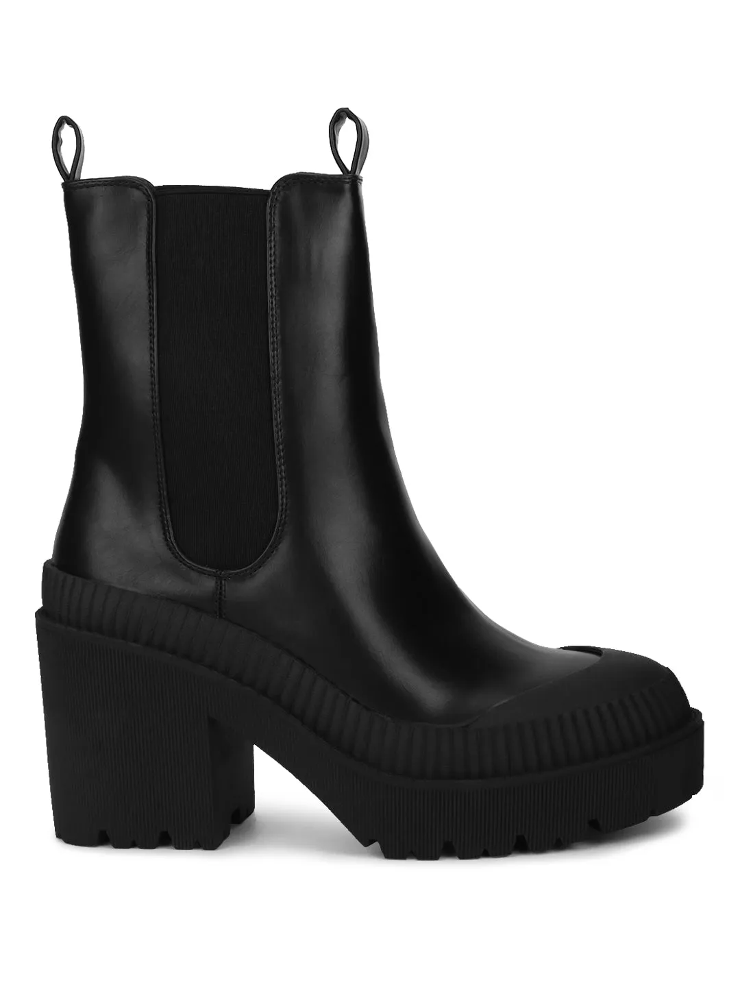 Black PU Slip On Block Heel Ankle Boots (FRANCIS2)