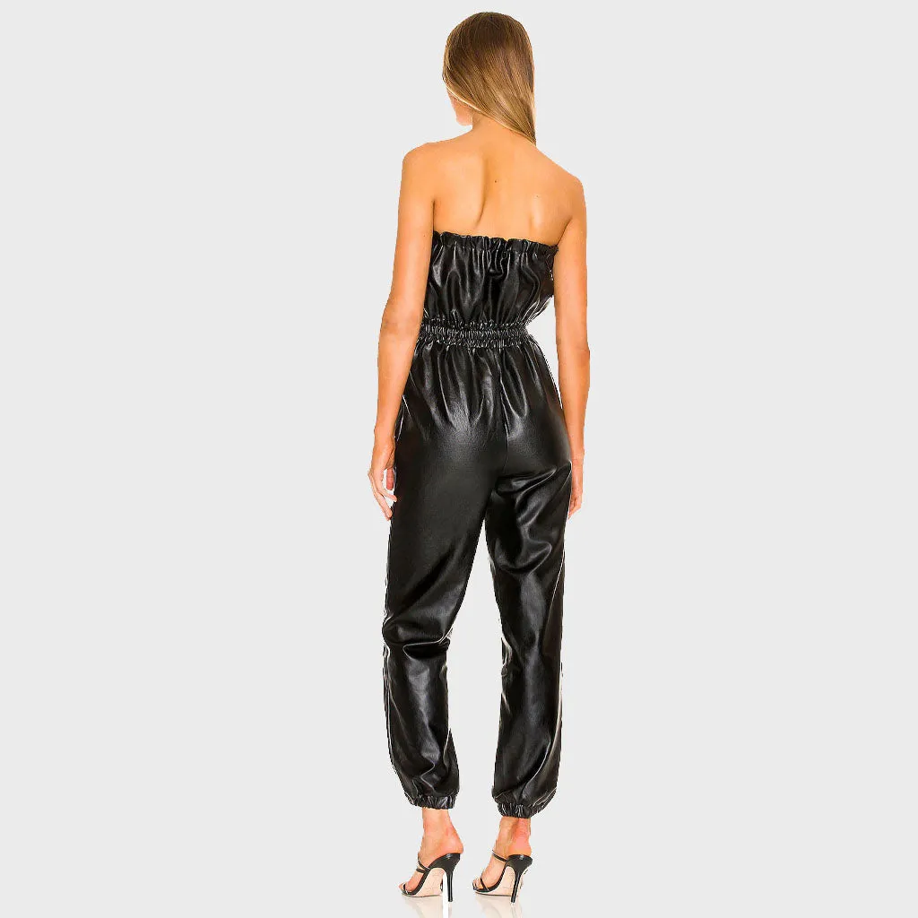 Black Pull-on Leather Jumpsuit