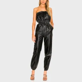 Black Pull-on Leather Jumpsuit