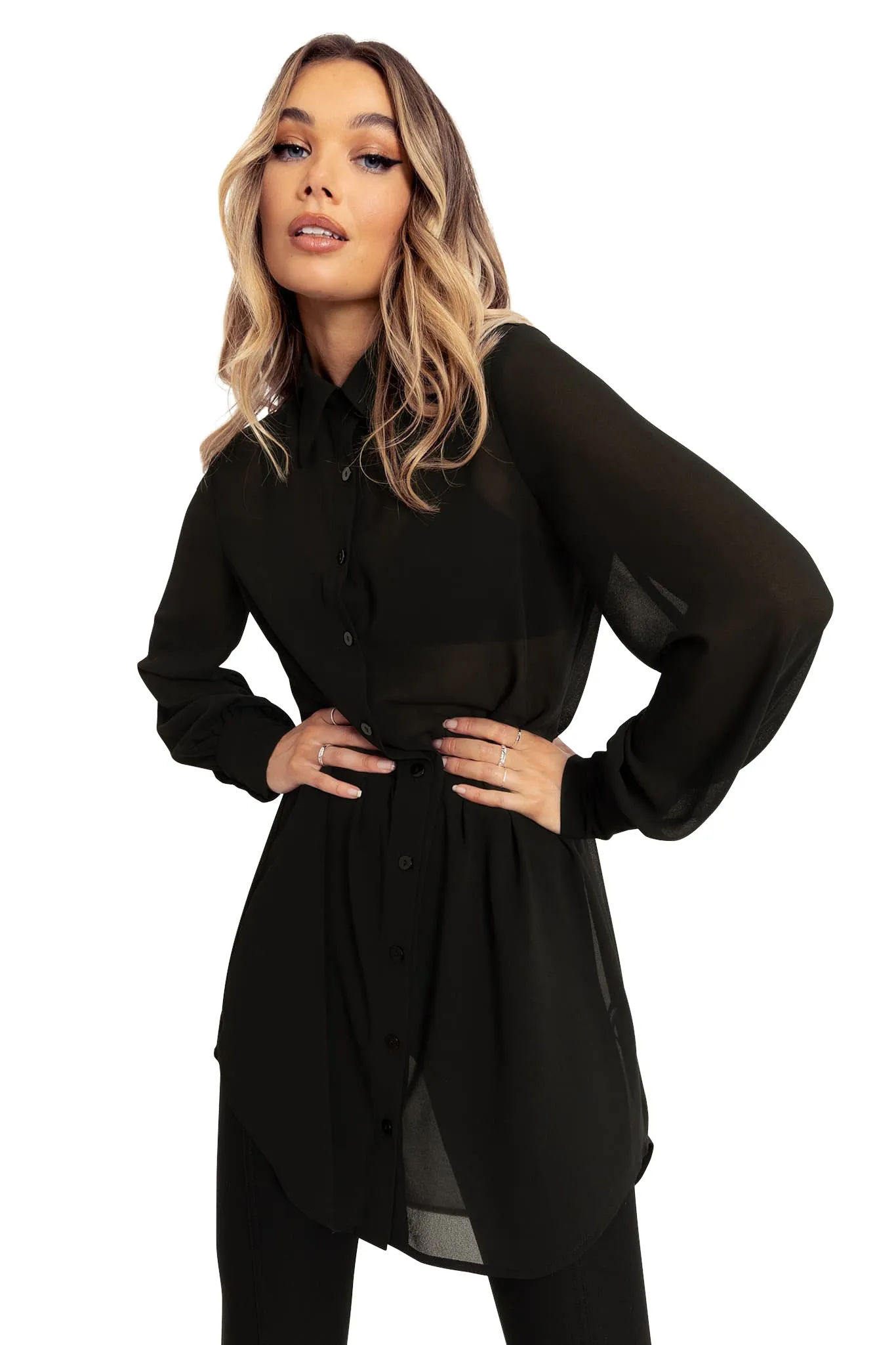 Black Sheer Long Sleeve Oversized Shirt Dress