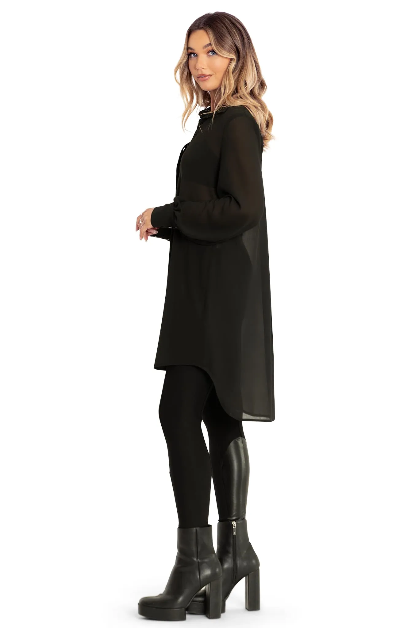 Black Sheer Long Sleeve Oversized Shirt Dress