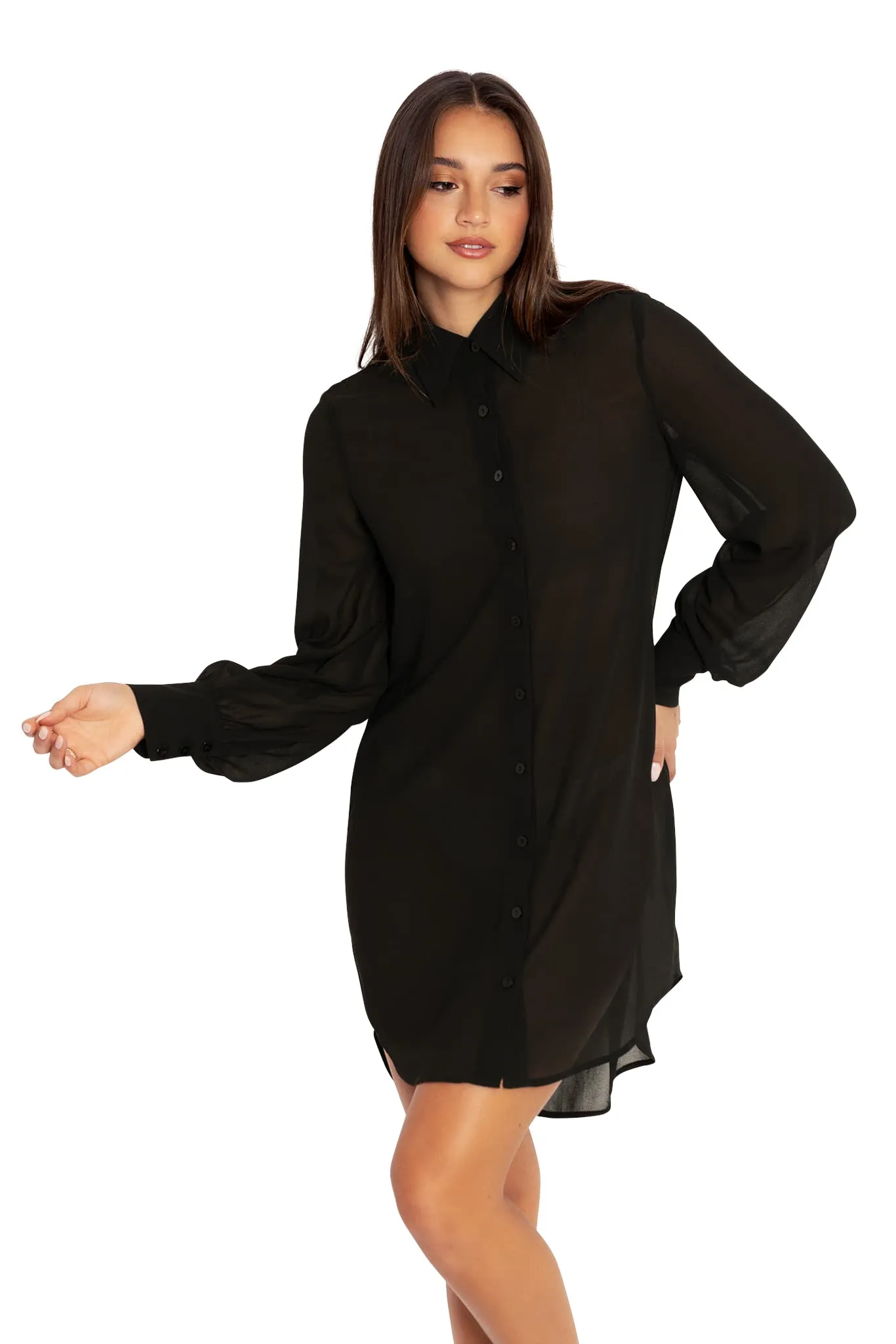 Black Sheer Long Sleeve Oversized Shirt Dress