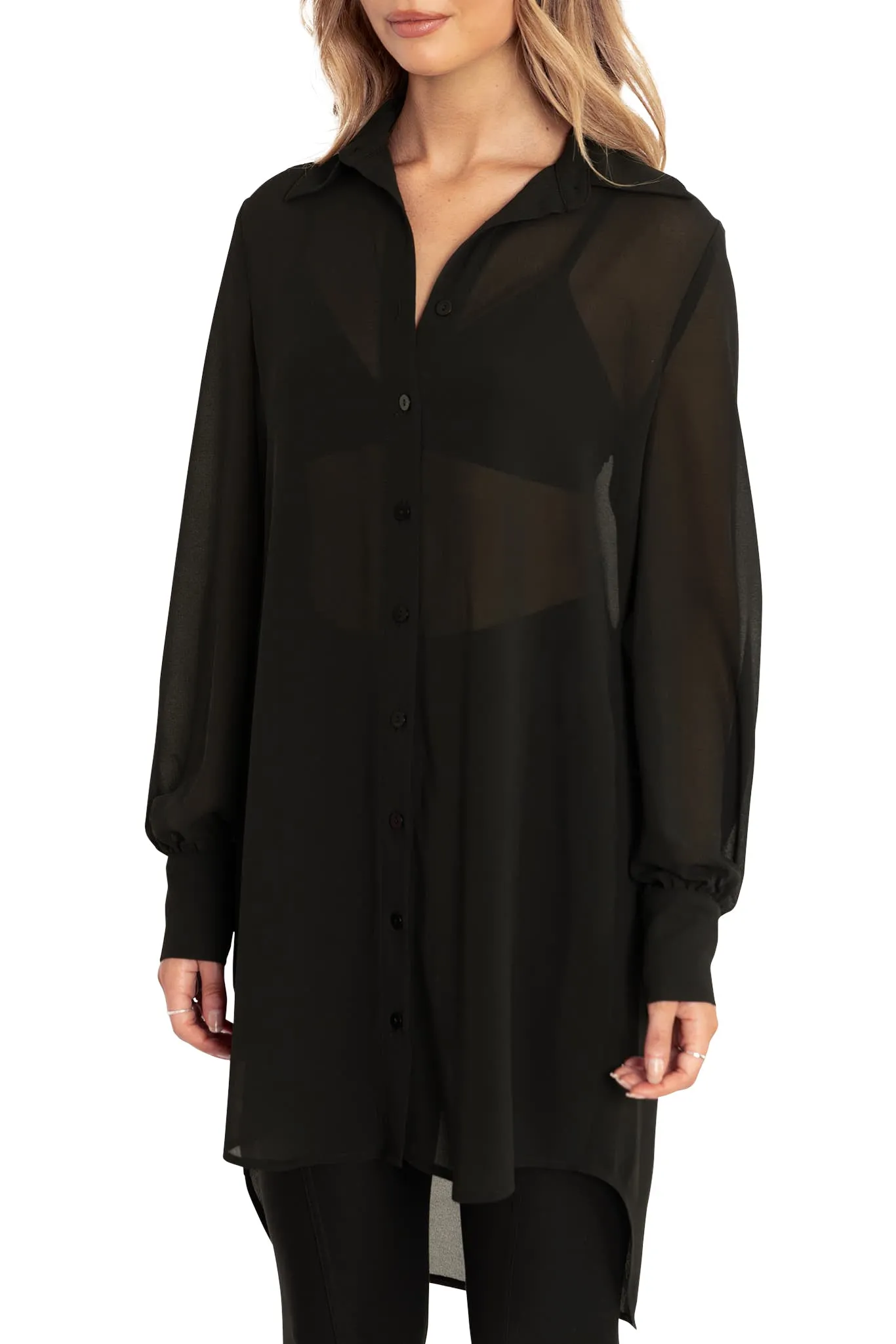 Black Sheer Long Sleeve Oversized Shirt Dress