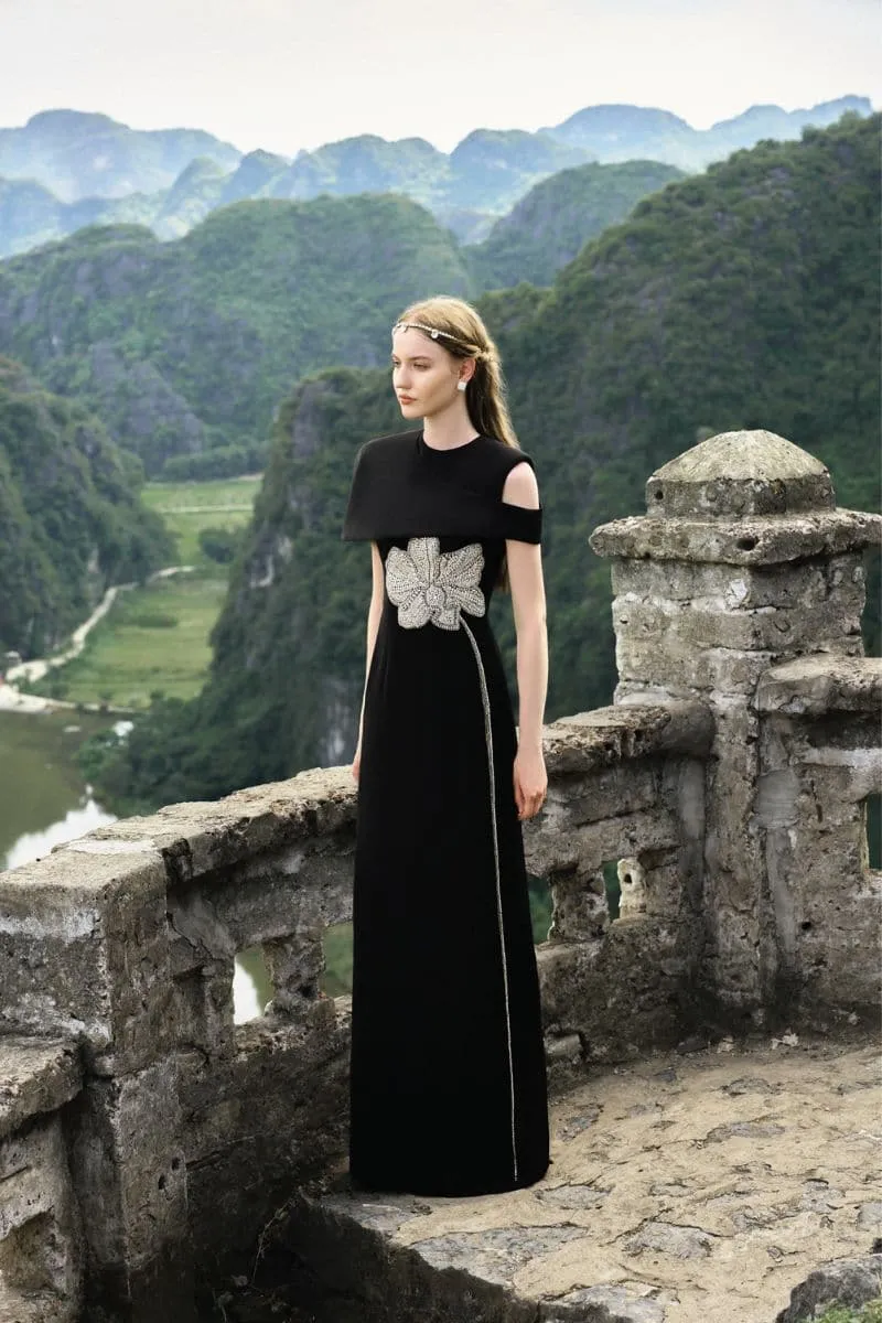 BLACK STONE ORCHID ASYMMETRIC SHOULDER GOWN AND CAPE