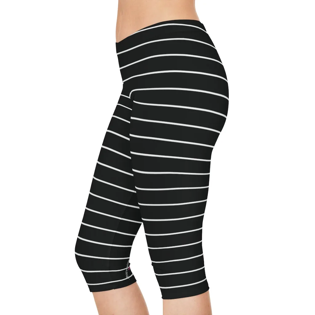 Black Striped Women's Capri Leggings, Knee-Length Polyester Capris Tights-Made in USA (US Size: XS-2XL)