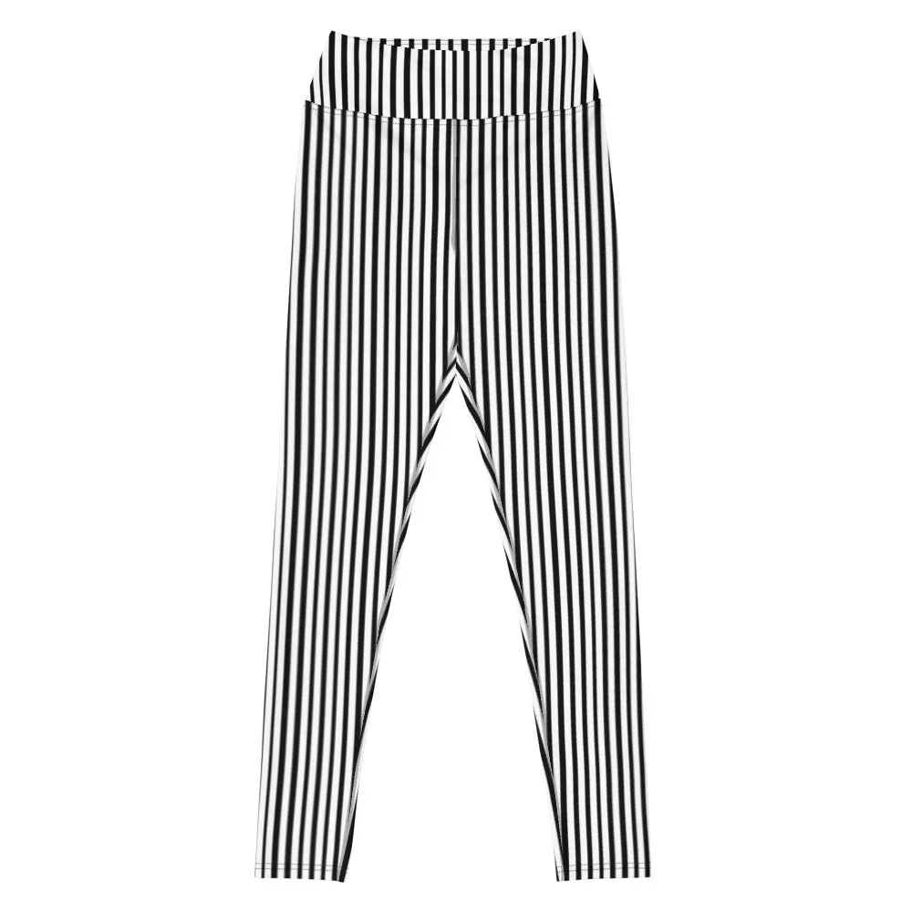 Black White Striped Yoga Leggings, Vertical Stripes Women's Long Tight Pants-Made in USA/EU/MX