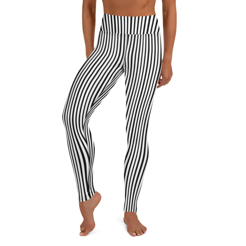 Black White Striped Yoga Leggings, Vertical Stripes Women's Long Tight Pants-Made in USA/EU/MX