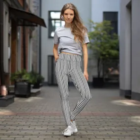 Black White Striped Yoga Leggings, Vertical Stripes Women's Long Tight Pants-Made in USA/EU/MX