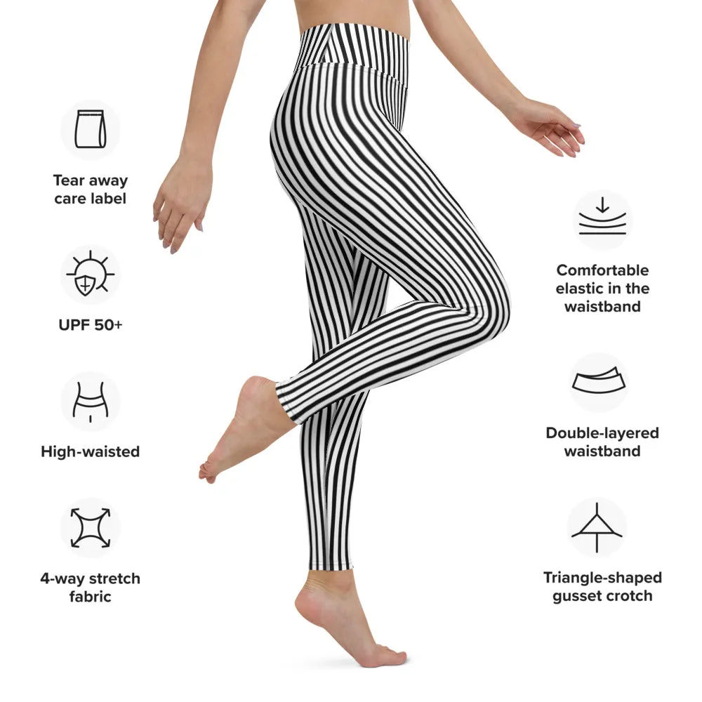 Black White Striped Yoga Leggings, Vertical Stripes Women's Long Tight Pants-Made in USA/EU/MX