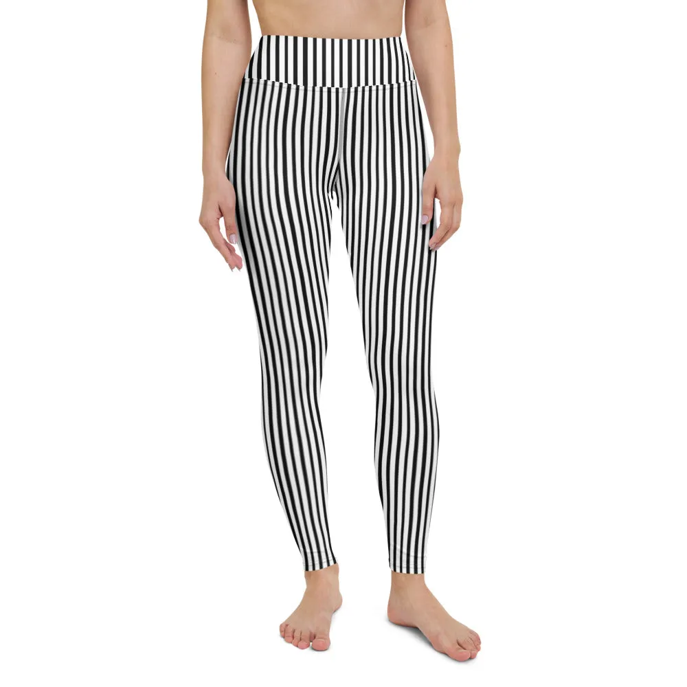 Black White Striped Yoga Leggings, Vertical Stripes Women's Long Tight Pants-Made in USA/EU/MX