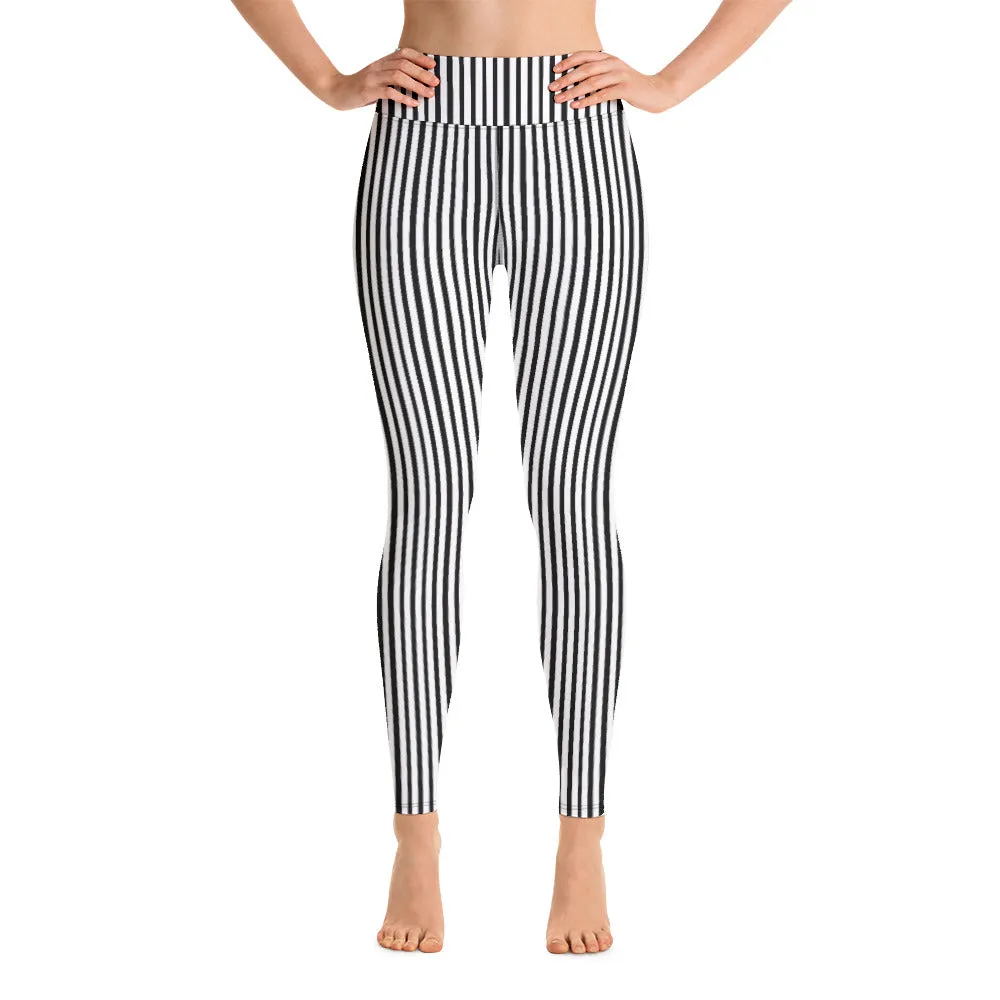 Black White Striped Yoga Leggings, Vertical Stripes Women's Long Tight Pants-Made in USA/EU/MX