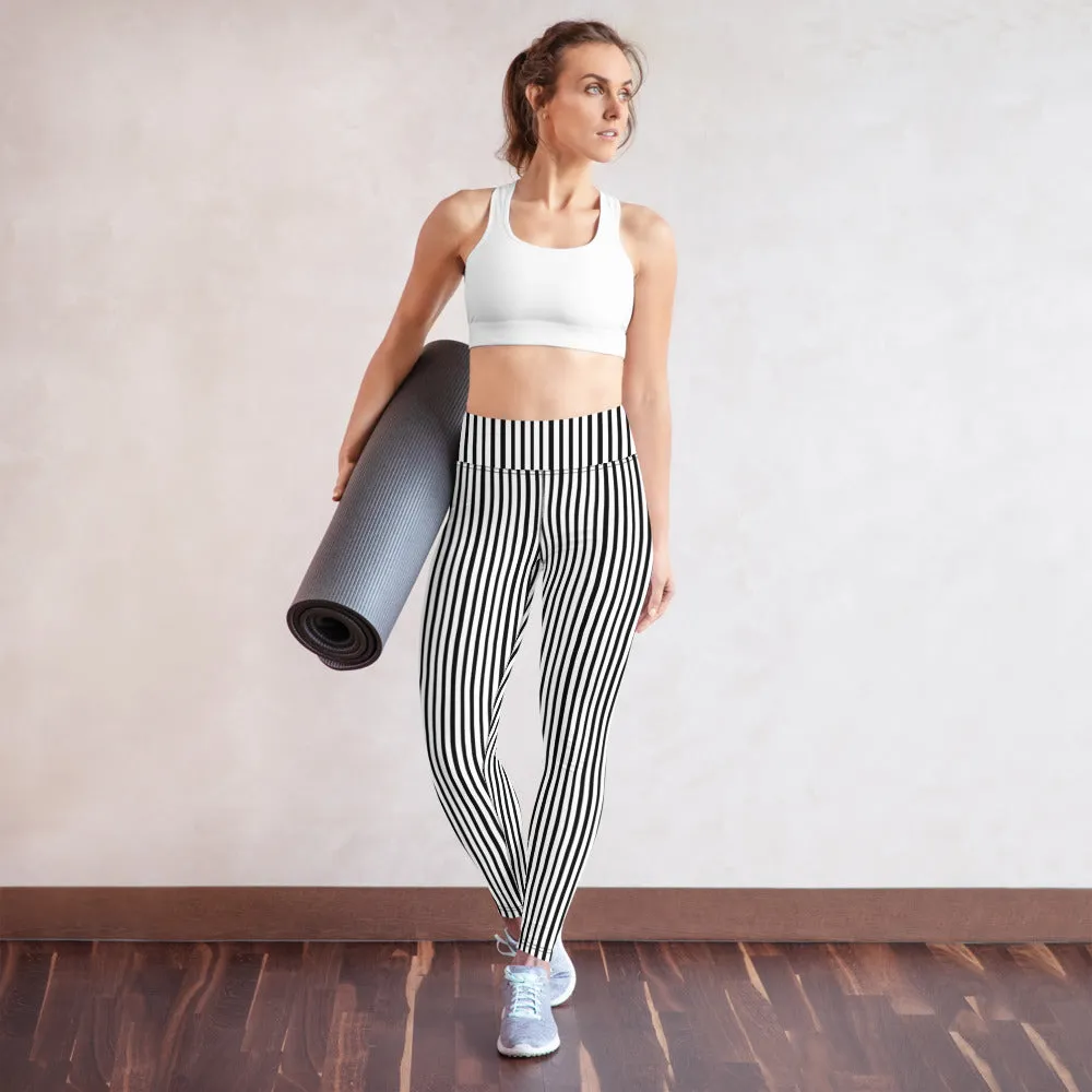 Black White Striped Yoga Leggings, Vertical Stripes Women's Long Tight Pants-Made in USA/EU/MX