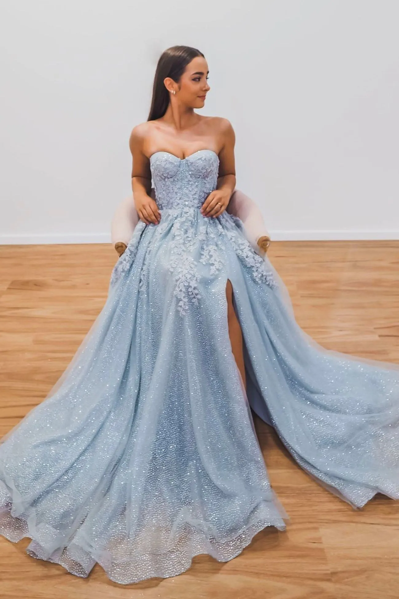 Blue Strapless Tulle Lace Long Prom Dress, A-Line Beautiful Evening Dress