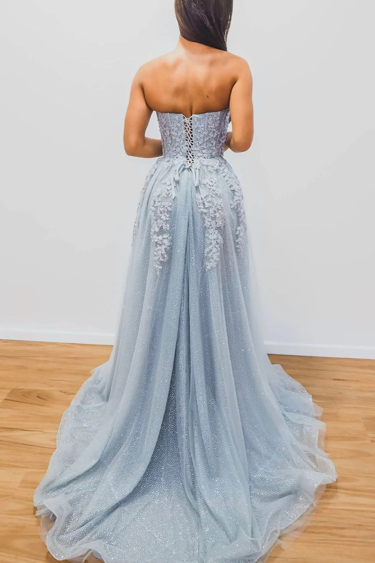 Blue Strapless Tulle Lace Long Prom Dress, A-Line Beautiful Evening Dress