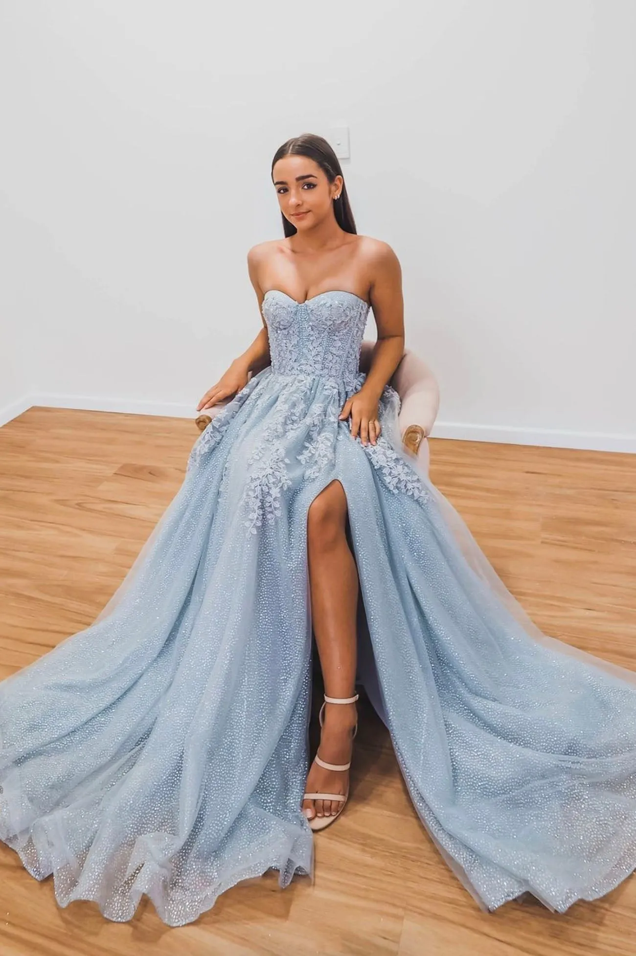 Blue Strapless Tulle Lace Long Prom Dress, A-Line Beautiful Evening Dress