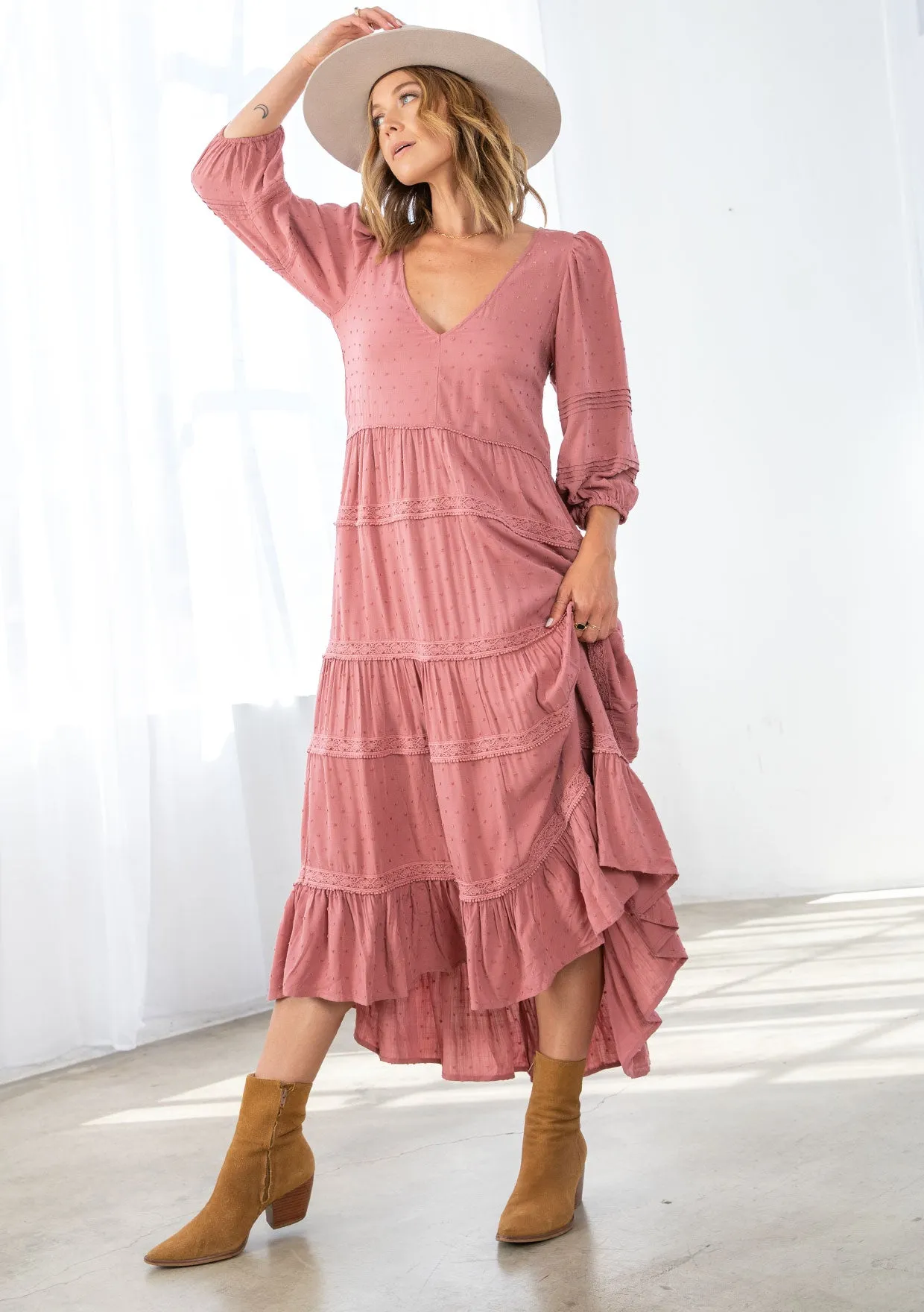 Bohemian Clip Dot 3/4 Sleeve Midi Dress