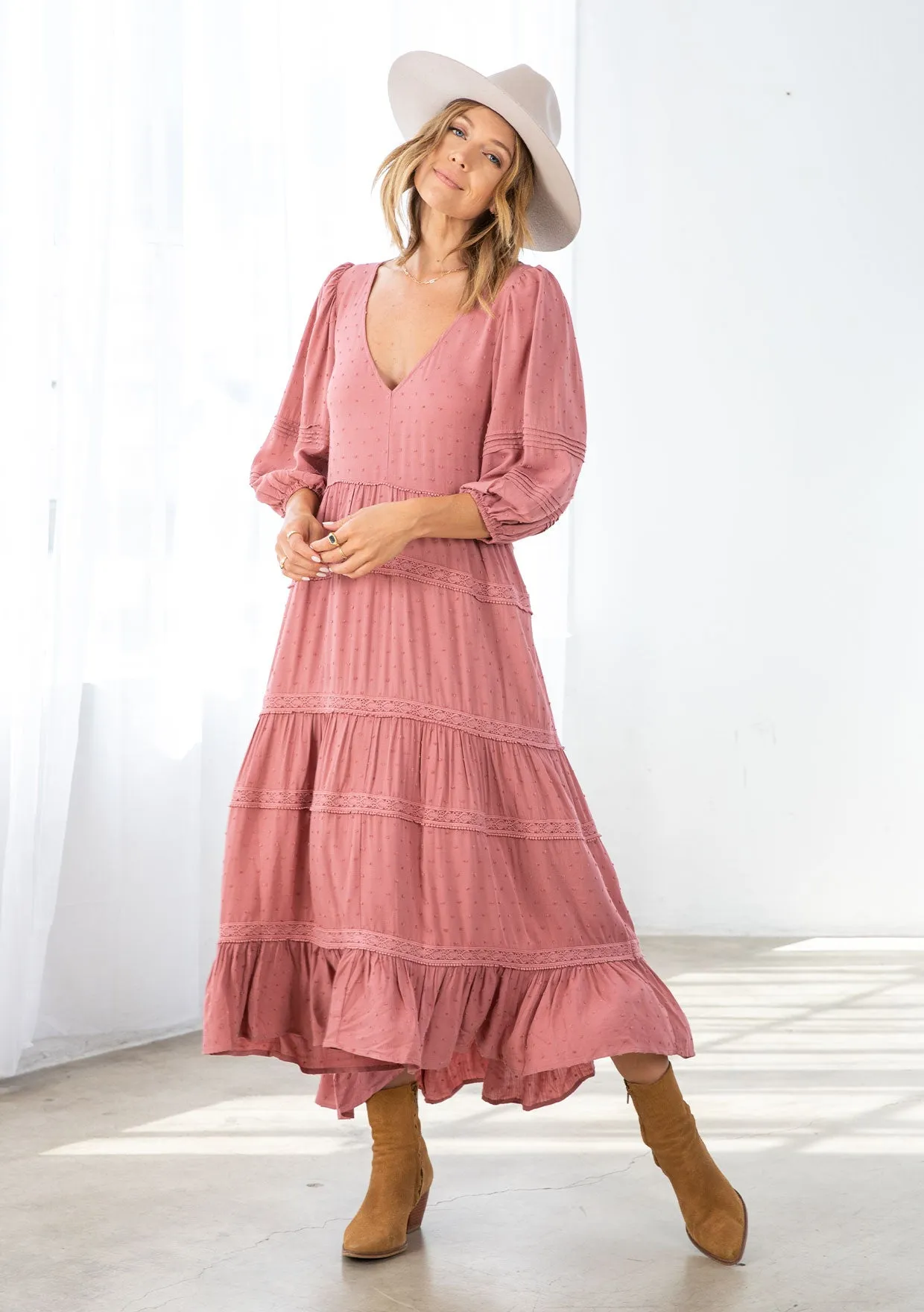 Bohemian Clip Dot 3/4 Sleeve Midi Dress