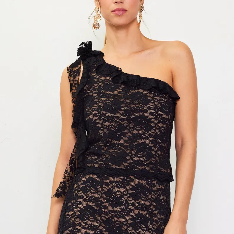 Bombshell in Lace One Shoulder Ruffled Top